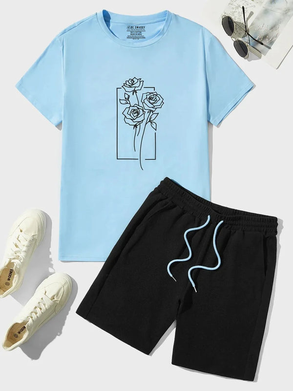 Rose Sky Blue T-Shirt & Short Combo